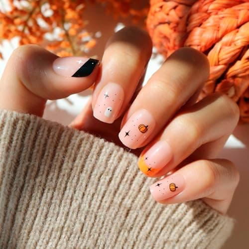 Glamnetic Press On Nails - Tiny Pumpkin | Short Squoval French Tip Fake Nails with Pumpkin Graphics & Glossy Finish, Salon Quality Halloween Nails | 15 Sizes - 30 Nail Kit with Glue - Image 1