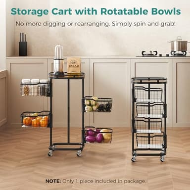 Ocyfym 4 Tier Kitchen Fruit Vegetable Storage Cart with One-Piece Rotating Basket, Pantry Organizer Shelf Rack Floor Stand for Veggie Onion Potato Produce Spice, Rolling Snack Cart on Wheels, Black - Image 2