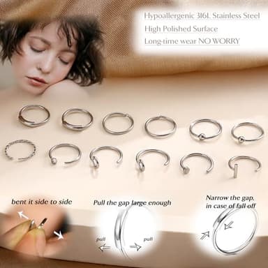 UBGICIG 20 Pcs 20G Silver Nose Rings Hoop Studs Sets for Women 316L Surgical Stainless Steel Screw Hypoallergenic Nostril Piercing Jewelry - Image 2