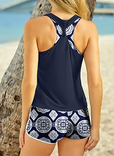 Aleumdr 3 Piece Athletic Tankini Swimsuits for Women with Shorts Swim Tank Tops with Sports Bra and Boyshorts Bathing Suits Blue Medium - Image 9