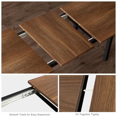 Feonase 5-Piece Dining Table Set for 4-8 People, 63" Extendable Kitchen Table with 2 Benches and 2 Square Stools, Mid-Century Modern Wooden Dining Room Table, Space-Saving, Walnut - Image 5