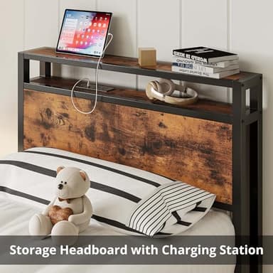 LIKIMIO Twin XL Bed Frames with Drawer, Storage Headboard with Outlets, No Box Spring Needed, Easy Assembly, Vintage Brown - Image 4