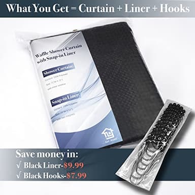 N&Y HOME Waffle Weave Shower Curtain with Snap-in Fabric Liner & 12 Black Hooks Set - Hotel Style, Water-Repellent & Washable, Mesh Top Window - 71x72, Black - Image 4