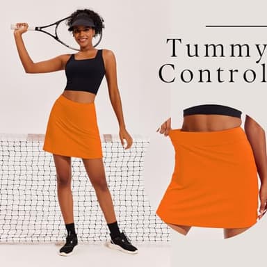 Ekouaer Golf Skirts for Woman with Pockets Silicone Grippers Tennis Skirt Inner Shorts Athletic Pickleball Running Skort,Orange Medium - Image 3