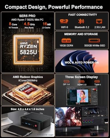 Beelink Mini PC SER5 Pro, AMD Ryzen 7 5825U (Up to 4.5GHz), 16GB DDR4 RAM 500GB SSD, Radeon 8CUs Graphics, WiFi 6/ BT5.2/ DP+USB-C+HDMI 4K Triple Display/ USB3.2/2.5G LAN Home/Office Desktop Computer - Image 2