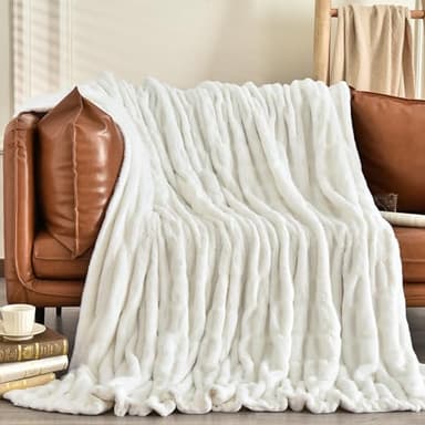 PHF Fluffy Ruched Faux Fur Throw Blanket for Couch,Cozy Plush Soft Luxury Warm for Fall Winter,Reversible Furry Thick Lightweight Blanket for Bed Sofa,Aesthetic Room Decor,50 * 60 Inches,White - Image 9