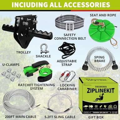 TRSMIMA Zipline Kit for Kids and Adult 200ft Zipline with Spring Brake Safety Harness Zip line Trolley Ratchet Tighten System Support 330 lbs - Image 2