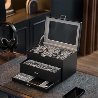 ProCase 20 Slot Watch Box for Men, 3-Layer Watch Display Case with Glass Lid, Watch Holder with Drawer, Jewelry Storage Organizer for Watches Straps Rings -Black - Image 2