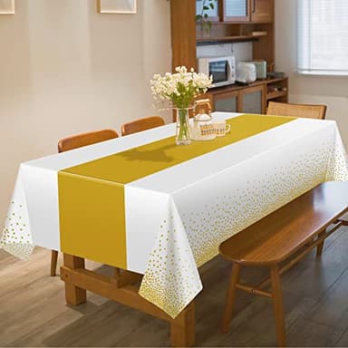 OHOME 4 Pack Disposable Plastic Table Cloths for Parties,White and Gold Rectangle Table Covers for Fall Decor Wedding Bridal Shower Birthday | Baptism Friendsgiving Thanksgiving Decorations 54" x 108" - Image 2