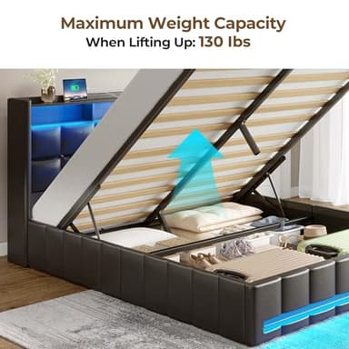 Rolanstar Bed Frame Full Size with Lift Up Storage, Charging Station & LED Lights, Upholstered Storage Headboard, Heavy Duty Wooden Slats, No Box Spring Needed, Noise Free, Easy Assembly, Black - Image 6
