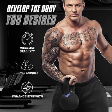 Yes4All Powder Coated Kettlebell, 35 lb Cast Iron Core Kettlebells with Non-Slip Handle & Flat Bottom for Conditioning, Heavy Duty for Strength Training - Single, Light Blue - Image 5