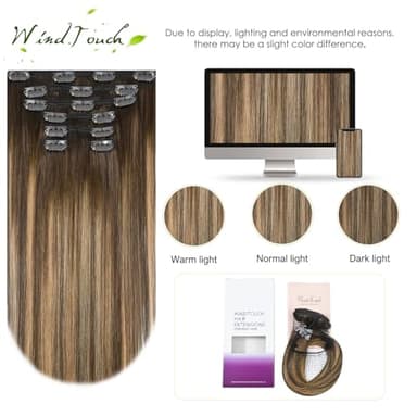 WindTouch Clip in Hair Extensions Real Human Hair Balayage Chocolate Brown To Dark Blonde Ombre Highlights for Brown 75g 22Inch 7PCS #4T27P4 - Image 4
