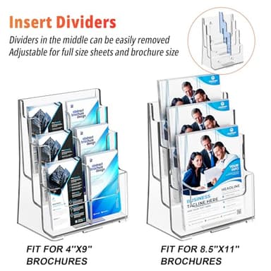 FUCDTEFC Acrylic Brochure Holder 8.5x11, Clear 3 Tier Magazine Holder Brochure Display Stand With Removable Divider for 4 x9 Inch Literature Pamphlet Flyer Holder for Wall Mount or Countertop - Image 3