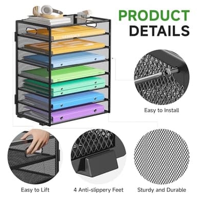 Biciyarn 8 Tier Paper Organizer with Handle, Metal Mesh Desk File Organizer, Large Capacity Desk Organizers Paper Letter Tray Desktop Document Sorter for Office, Home or School - Black - Image 4