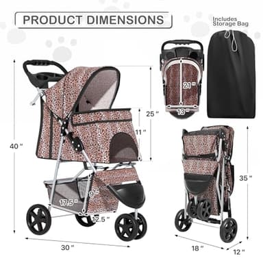 MoNiBloom 3 Wheels Pet Dog Cat Stroller for Small Medium Dogs Cats, Lightweight Foldable Jogger Stroller w/Storage Basket & Cup Holder, Leopard Print - Image 2