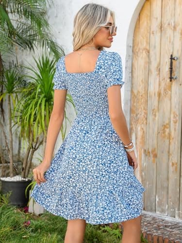 Lyrur Cute Spring Dresses for Women 2025 Trendy Summer Flowy Square Neck Tiered Smocked Midi Dress with Pockets (S,7036 Blue Floral) - Image 5