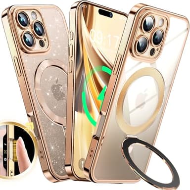 [Never Yellows+CD Ring with Glitter Card fit for MagSafe Stand] Magnetic for iPhone 16 Pro Case with Camera Lens Protection, Clear Shiny Slim Case for iPhone 16 Pro Women Girls, Desert Titanium - Image 1