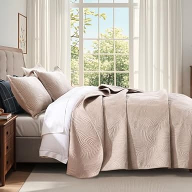 DEVIONIX Velvet Quilt Queen Size, 3-Piece Lightweight Soft Summer Quilt Bedding Set, Breathable Light Taupe Bedspread with Pillow Shams, Luxury Ultrasonic Leaf Pattern Coverlet for All Season - Image 5