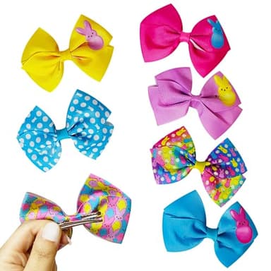PEEPS Hair Bows Bundle - 7 Pcs 4 Inch Alligator Clips with Different Prints, Easter Bunny Themed for Girls, Toddlers 3+ - Image 6