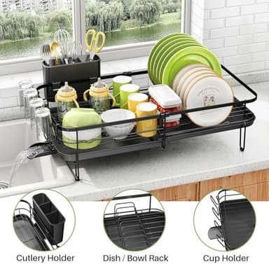 SNTD Dish Drying Rack, Expandable Dish Rack for Kitchen Counter, Metal Dish Drainer with Utensil & Cup Holder 13.8"-22.6" L x 12.1" W (Black) - Image 5