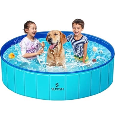 SLOOSH Foldable Dog Kiddie Pool - Portable Hard Plastic Doggie Swimming Pool, Anti-Slip Collapsible Pets Bath Tub Suitable for Kids Indoor Outdoor Backyard Use (63" x 12", Blue) - Image 1