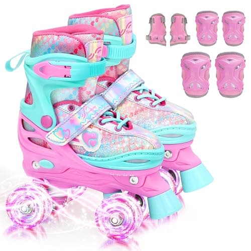 Sportneer Kids Roller Skates: 4 Size Adjustable Quad Skates with Light Up Wheels for 5-8 8-12 Girls Boys Toddlers Beginners, Birthday Gift Skates with Protective Gear Set for Outdoor Indoor - Image 1