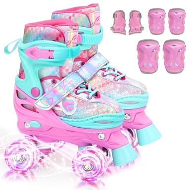 Sportneer Kids Roller Skates: 4 Size Adjustable Quad Skates with Light Up Wheels for 5-8 8-12 Girls Boys Toddlers Beginners, Birthday Gift Skates with Protective Gear Set for Outdoor Indoor - Image 1