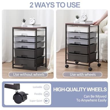 SYKIARIOL Utility Cart with 5 Drawers,Storage Drawer Cart with Wooden Tabletop and Lockable Wheels,Craft Storage Trolley Cart,5-Tier Rolling Utility Cart on Wheels,Dark Grey - Image 7