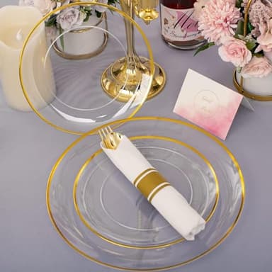 Rubtlamp 140Pcs Gold Plastic Plates Dinnerware,Clear Disposable Plates with Gold Trim,Clear Party Dinnerware Include 20Dinner Plates,20Salad Plates, 20Cups,20Silverware With Pre Rolled Napkins - Image 5