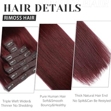 Rimoss Clip in Hair Extensions Real Human Hair - 22 Inch 120g 7pcs, Burgundy Red Color - Soft Remy Human Hair Clip in Extensions Straight Double Weft for Women (#99J 22 Inch) - Image 3