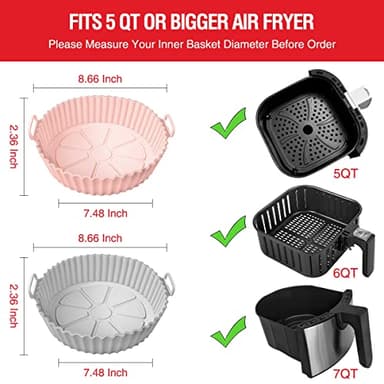 2 Pack Air Fryer Silicone Liners for 5 QT or Bigger,Silicone Air Fryer Liners Inserts,Replacement of Flammable Parchment Paper,Reusable Baking Tray Oven Accessories,Pink+Grey(Top8.66in, Bottom7.48in) - Image 2