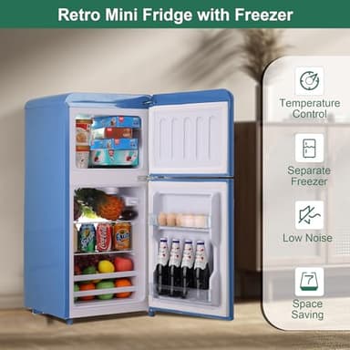 Retro Mini Fridge with Freezer 4.0 Cu. Ft, Small Refrigerator with 7 Level Adjustable Thermostat, Compact Classic Dual Door Fridge Removable Glass Shelves for Apartments, Dorm, Office, Blue - Image 2
