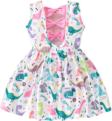 Popshion Girls' Dinosaur Dress - Toddler Sleeveless Summer Dress - White/1300 - 2-3T - Image 1