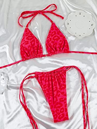 Women Halter String Bikini Set Sexy Thong Cheeky Two Piece Swimsuits Solid Color Bathing Swimwear (Flower12,Small) - Image 4