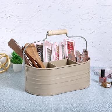 Alpha Living Home Multi-Functional Utensil Caddy – 4-Compartment Organizer for Kitchen, Party & Office – Durable Beige Powder-Coated Iron Alloy with Wooden Handle - Image 2