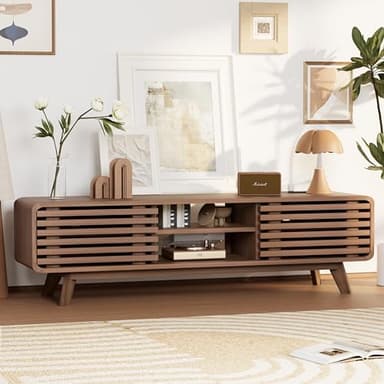 Royal Windsor Modern TV Stand for Living Room, Media Console Cabinet with Socket, Large Entertainment Center with Storage, TV Table with Slatted Sliding Doors and Open Shelves, Reddish Brown - Image 3