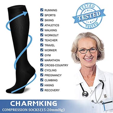 CHARMKING Compression Socks for Women & Men (8 Pairs) 15-20 mmHg Graduated Copper Support Socks are Best for Pregnant, Nurses - Boost Performance, Circulation, Knee High & Wide Calf (S/M, Black) - Image 5