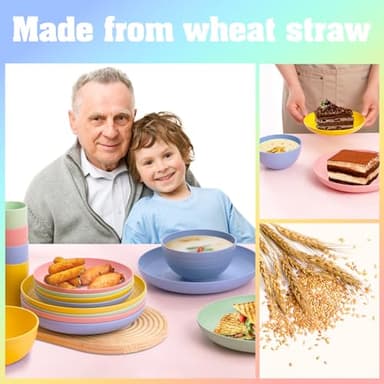 Gudvilla 32 pcs Unbreakable Lightweight Wheat Straw Dinnerware Sets for 8, Reusable Kids Plates and Bowls Sets Non Toxic, Microwave and Dishwasher Safe Plastic Dishes Set, Camping RV Picnic Dishes - Image 7