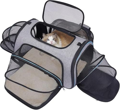 Siivton 4 Sides Expandable Pet Carrier, Airline Approved Soft-Sided Dog Cat Carrier Bag with Fleece Pad for Cats, Puppy and Small Animals (4 Extension Gray_Blue, L:18.0" L x 11.0" W x 11.0" H) - Image 1