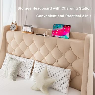 Feonase Twin Bed Frame with 4 Storage Drawers, Upholstered Wingback Headboard, Easy Assembly, No Box Spring Needed, Beige - Image 4
