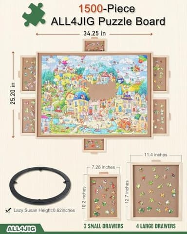 ALL4JIG 1500 Pieces Rotating Puzzle Board with 6 Drawers and Cover,25"x34"Portable Wooden Jigsaw Puzzle Table for Adults,Lazy Susan Spinning Puzzle Boards Birthday Gift for mom - Image 3