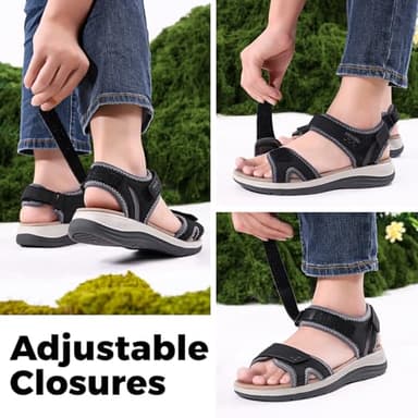 FitVille Women's Orthopedic Wide Sandals Strappy Arch Support Flat Sandals for Plantar Fasciitis & Swollen Feet | Adjustable Ankle Strap (Black, 9 Wide) - Image 2