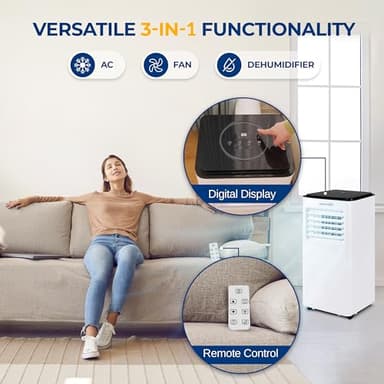SereneLife 8000 BTU Portable Air Conditioner, 3-in-1 Compact Standing Air Conditioner for Room Up to 350 Sq. Ft., Floor AC Unit with LCD Remote Control, Auto Mode, Low Noise with Wrapped Compressor - Image 3