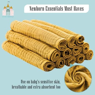 Cute Castle 12 Pack Muslin Burp Cloths for Baby - Ultra-Soft 100% Cotton Baby Washcloths - Large 20'' by 10'' Super Absorbent Milk Spit Up Rags - Burpy Cloths for Unisex, Boy, Girl - Honey - Image 6