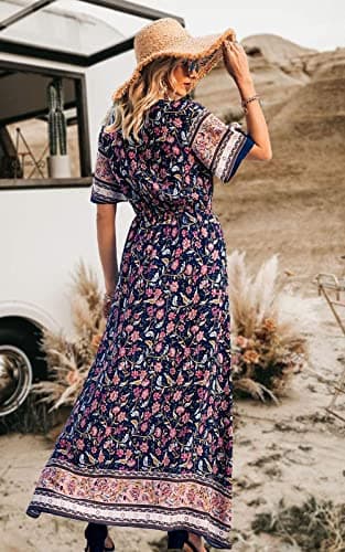 PRETTYGARDEN Women's Casual Summer Boho Floral Print Dress V Neck Short Sleeve High Waist Long Maxi Beach Dresses (Navy,X-Large) - Image 4