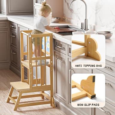Toddler Tower, Kids Kitchen Step Stool with Safety Rails, Toddler Standing Tower Adjustable Height, Wooden Kitchen Stool for Kids, for Living Room Countertops and Bathroom Sinks(Natural) - Image 4