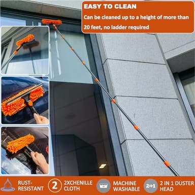 20+ Feet High Reach Duster Kit with 3-14 ft Extension Pole High Ceiling Dusting and Window Cleaning Kit with Spliceable Pole - Window Washer & Squeegee, Cobweb Duster, Fan Blade and Feather Dusters - Image 3