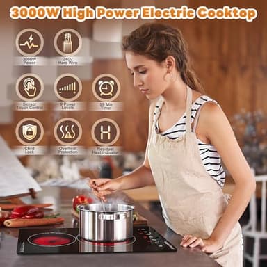 2 Burner Electric Cooktop 220V~240V, 12 Inch Built-in 3000W Ceramic Stove Top with Child Safety Lock, Timer & Residual Heat Indicator, Hard Wire(No Plug) for Modern Kitchens - Image 2