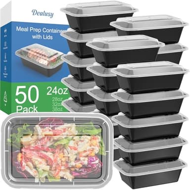 Dealusy 50 Pack (100-Piece) 24 oz Meal Prep Containers Reusable with Lids, Sturdy Leakproof & Food Safe, Microwave, Freezer, Dishwasher Safe Prep Containers, To Go Take Out Plastic Food Storage - Image 1