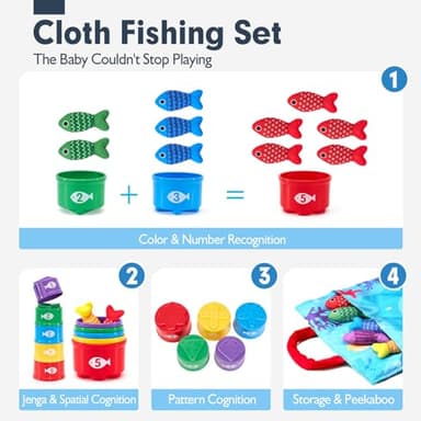 Toddler Toys Montessori Toys for 1 Year Old Boy Girl Birthday Gift -10 in 1 Cloth Fishing Game for Toddler Christmas Gifts 1-3 with Stacking Cups- Number Counting, Color Sorting, Shape Learning - Image 4
